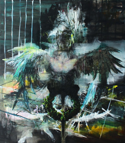 Alexander König: Engel spielen /Standarte, 2015
Acryl, Öl und Collage auf Leinwand, 210 x 180 cm

